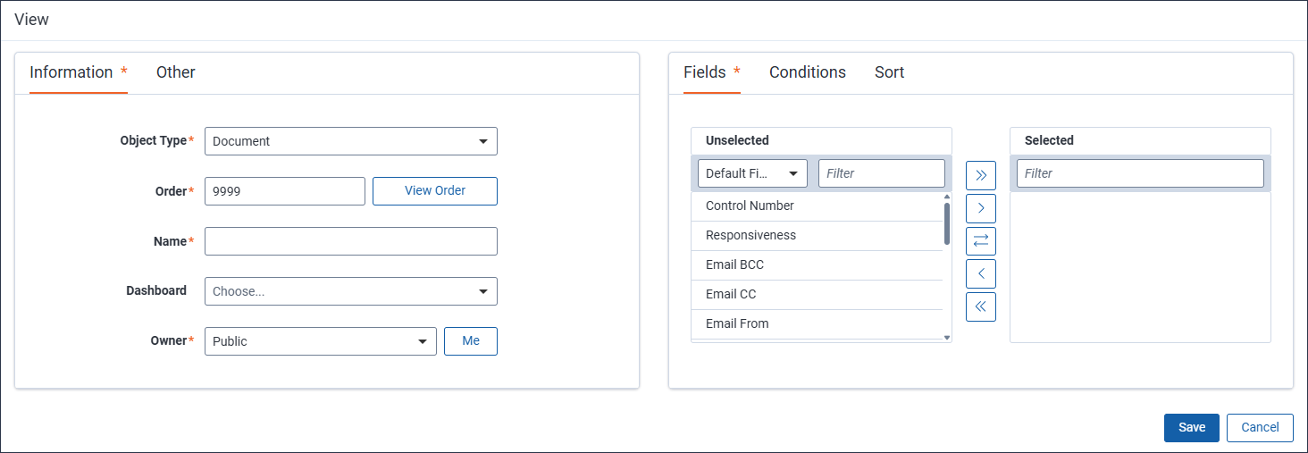The View modal without any options selected or entered.