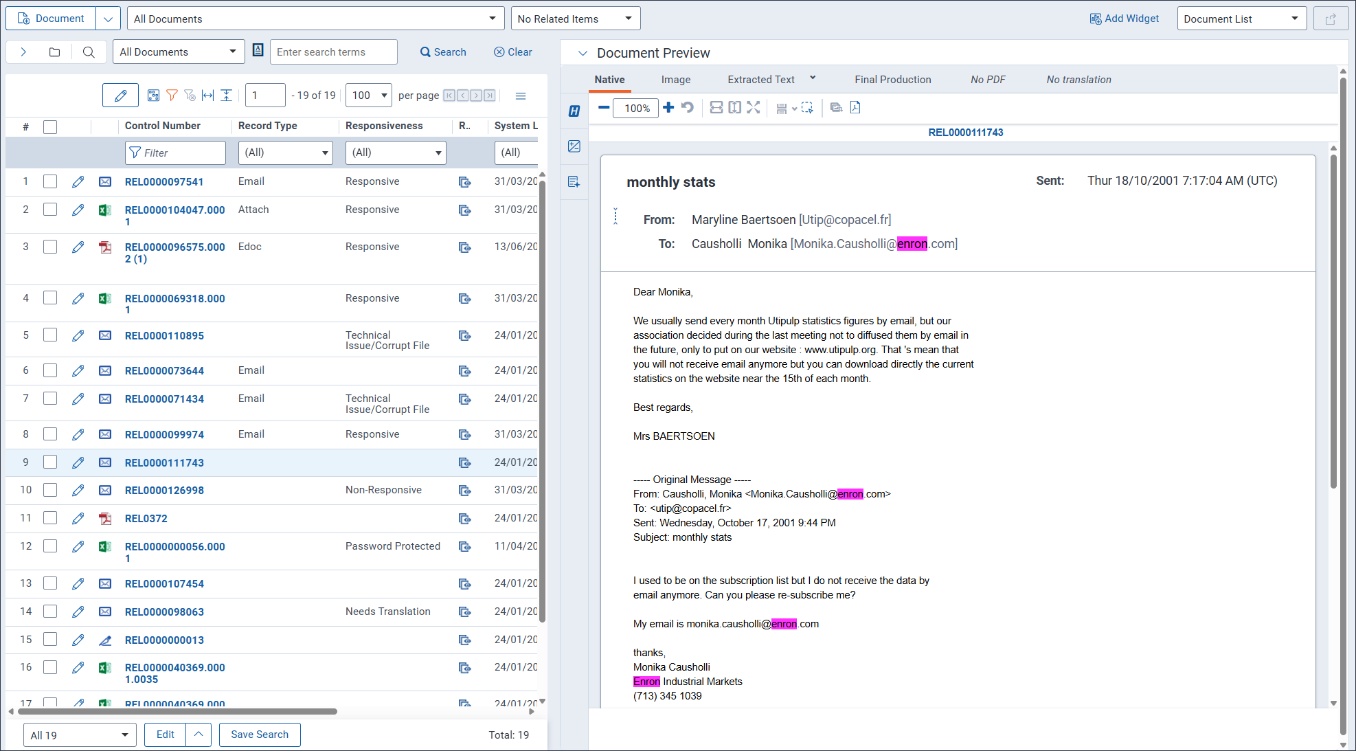 The document list displays next to the Document preview panel which contains a document in the Native Viewer.