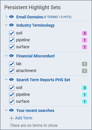 The Persistent Highlights Set pane is expanded to display the Industry Terminology PHS and all of the terms in the set have matches in this document.