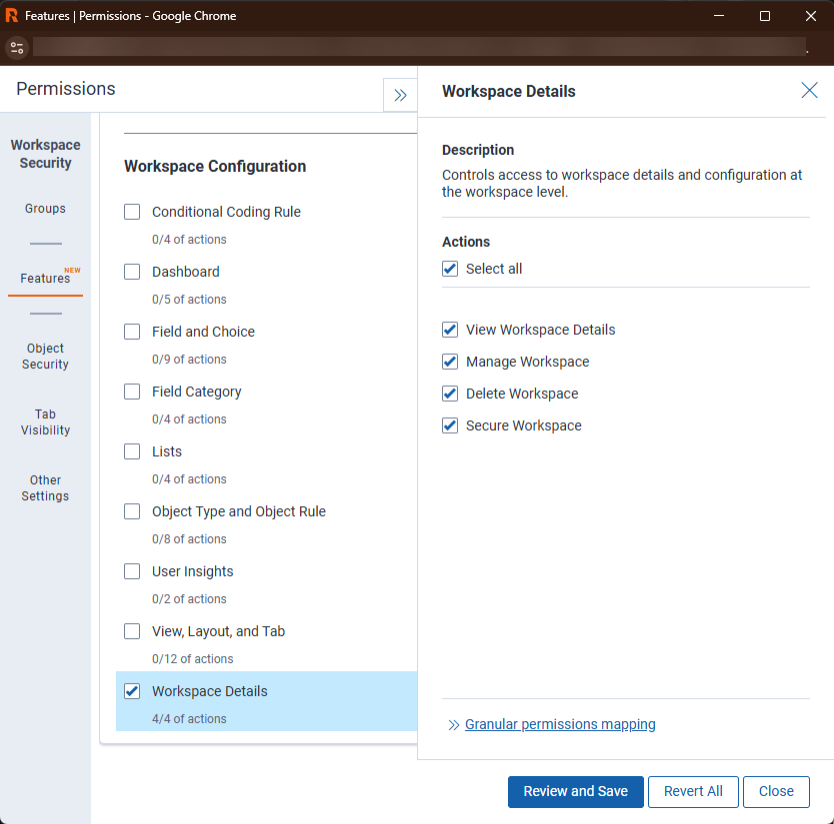 Workspace Configuration category on the Features tab, with the Workspace Details feature and its four actions selected