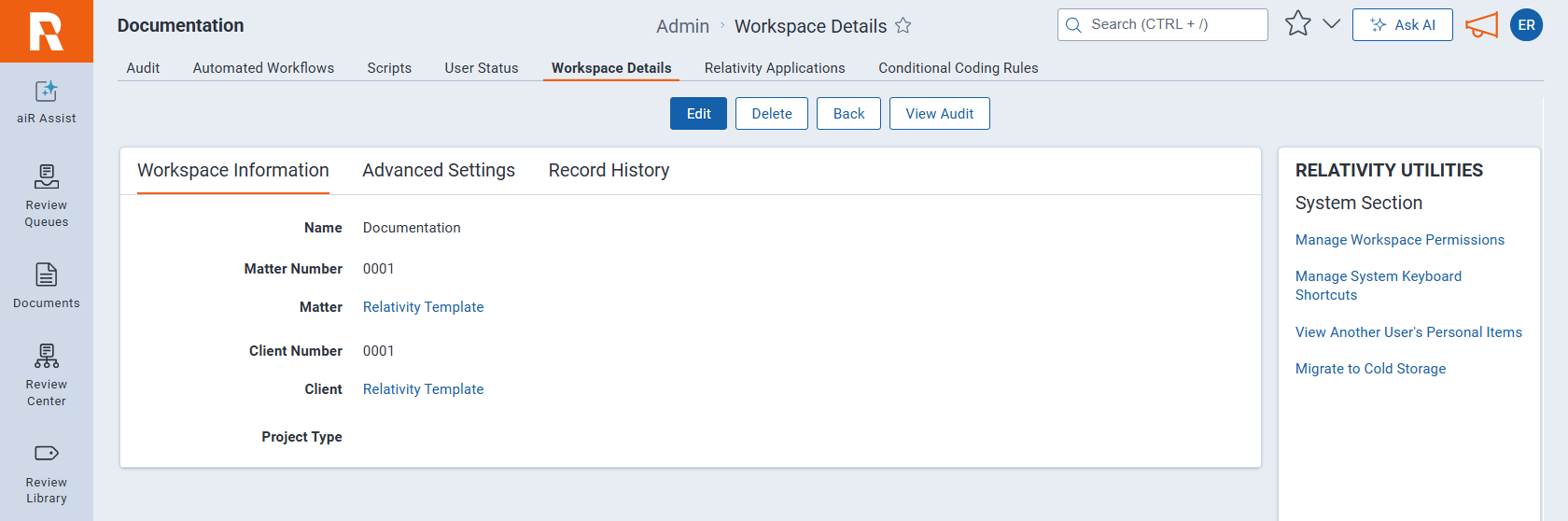Workspace details tab