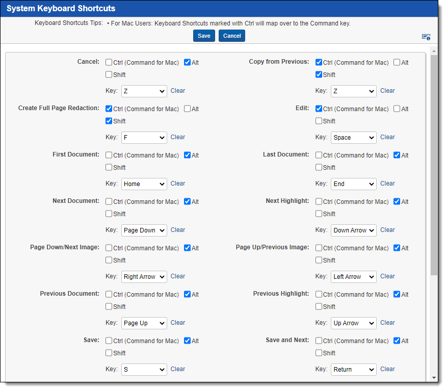 System keyboard shortcuts