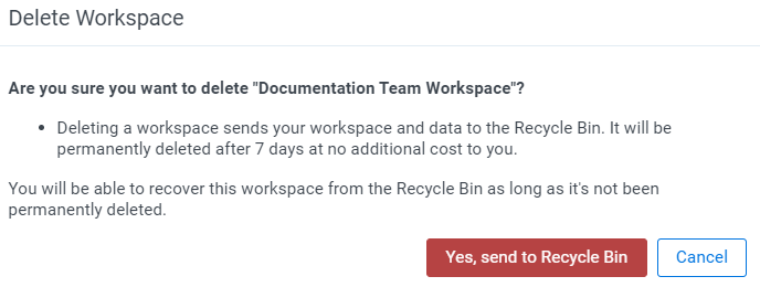 Confirmation window to delete workspace