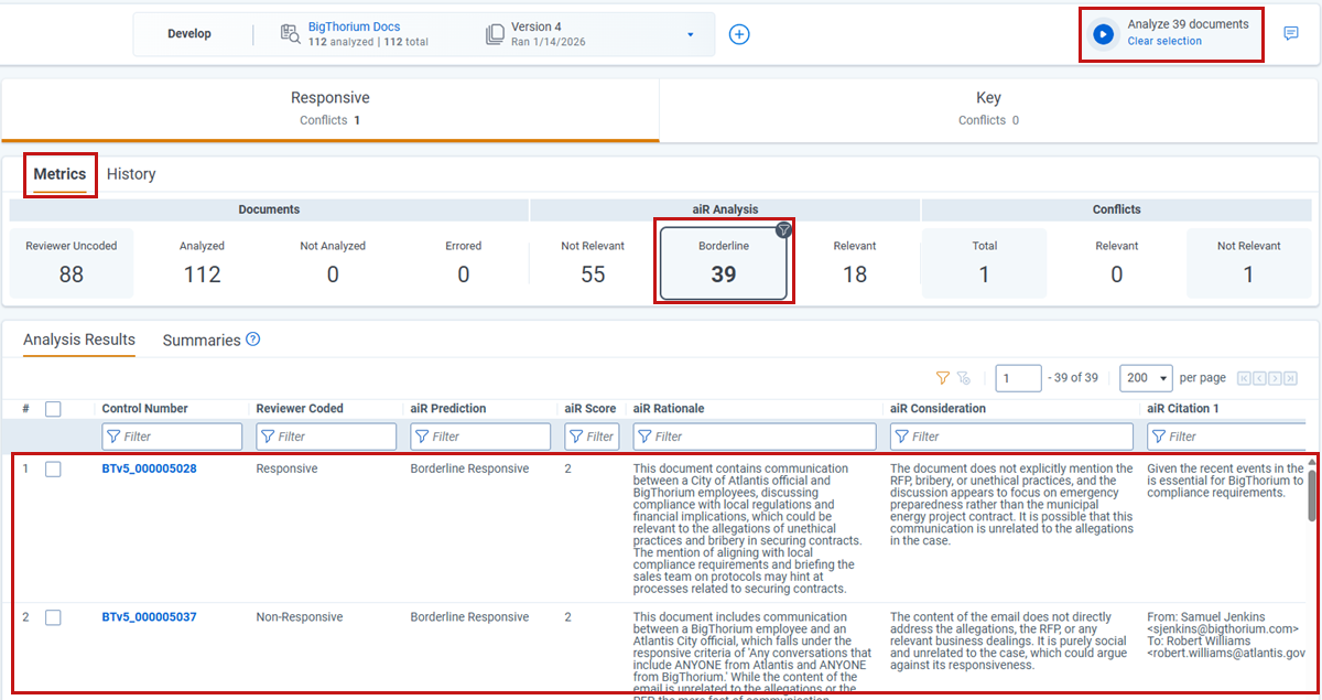 Sample screen highlighting Version Metrics tab, Reviewer Coded Issues selected, two documents filtered, and Run button showing two documents to analyze.