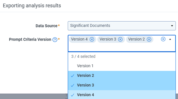 Exporting analysis results modal showing Data Source and Prompt Criteria Version fields. 