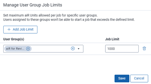 Manage user group job limits dialog
