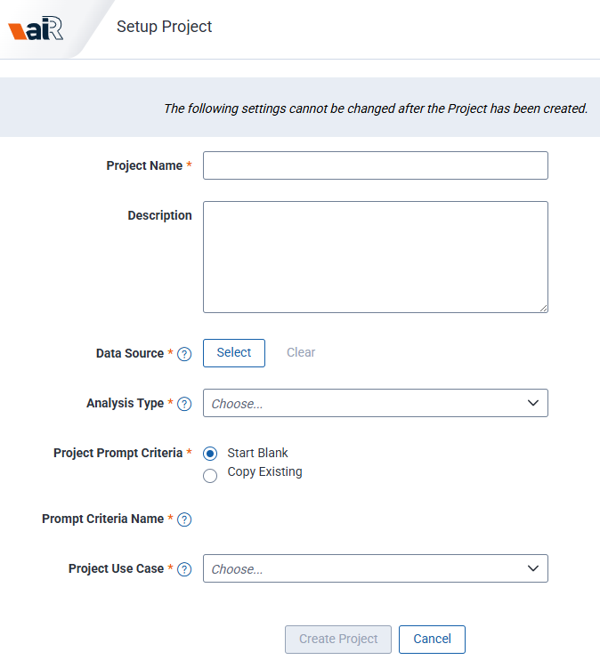 Setup Project modal