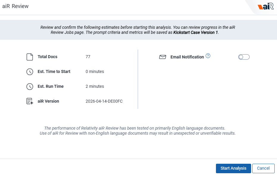 Review and confirm summary dialog with Total Docs, Estimated time to start, Estimated run time, and email notification toggle.