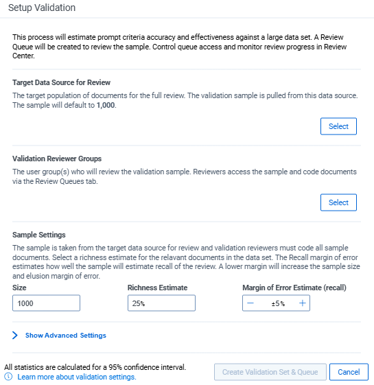 Setup validation settings