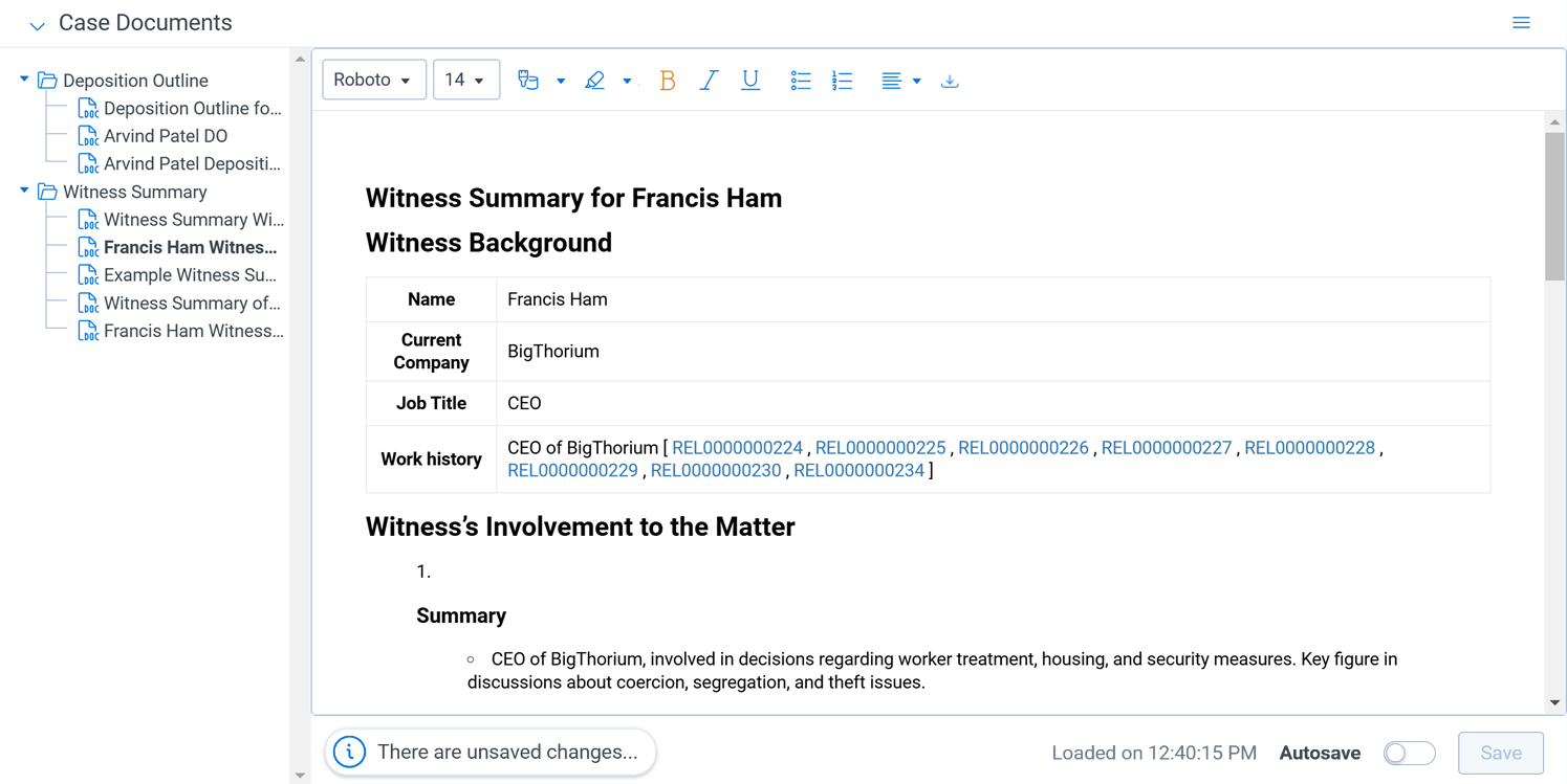 The Case Document Preview section with a Witness Summary open in the text editor.