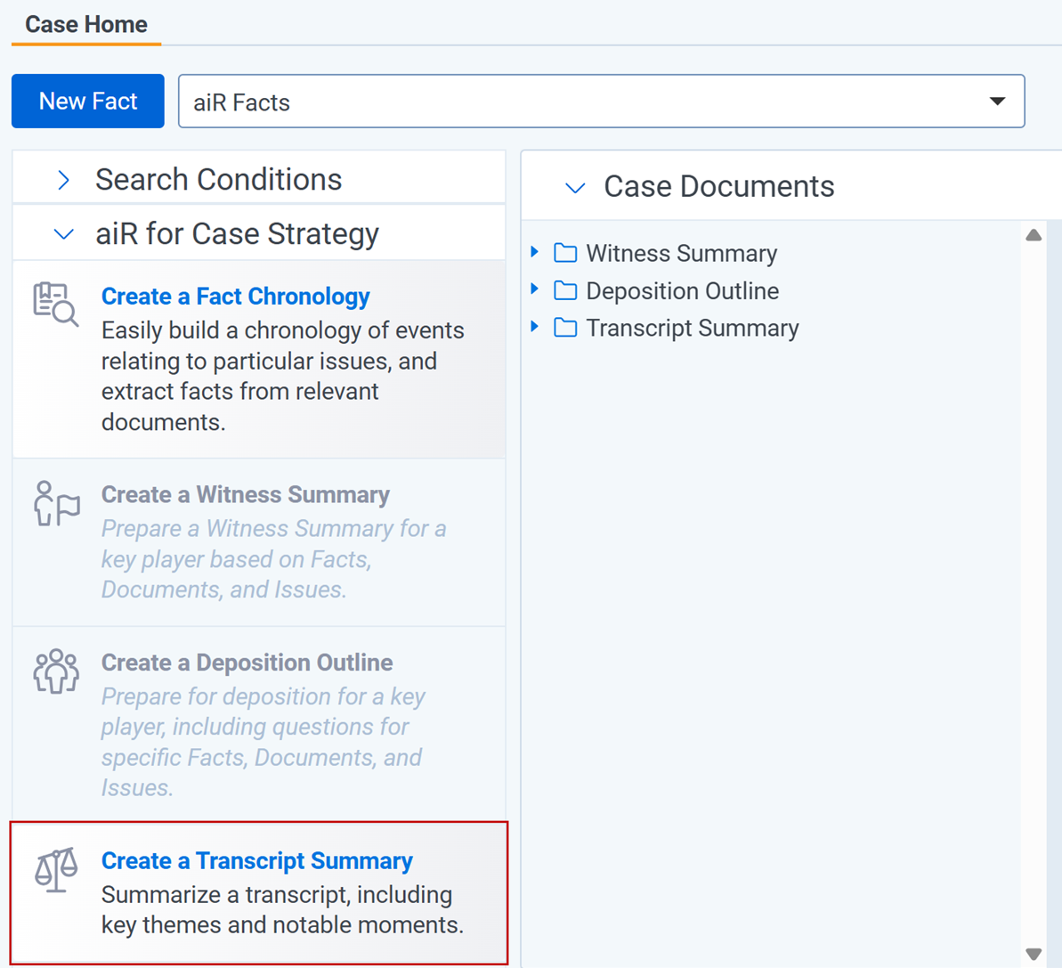 The expanded Case Strategy panel with the Create a Transcript Summary button highlighted.