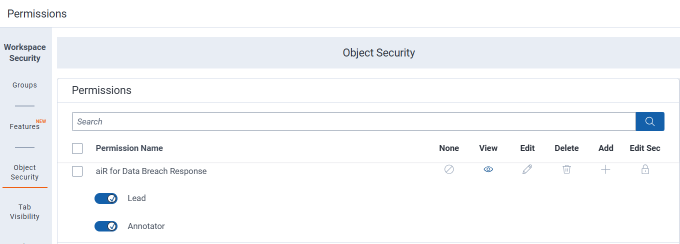 Object Security user interface.