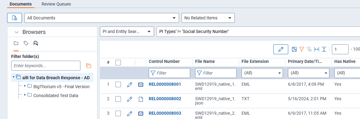 An image of PI and entity search used to search for documents without social security numbers.