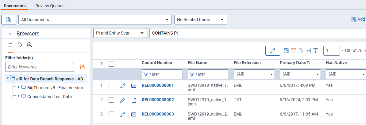 An image of PI and entity search used to search for documents containing PI.