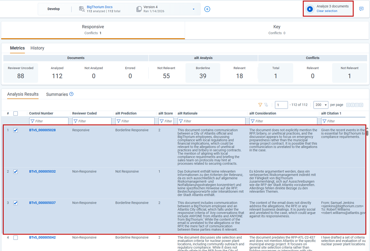 Select documents in the Analysis Results table using box next to document to analyze.