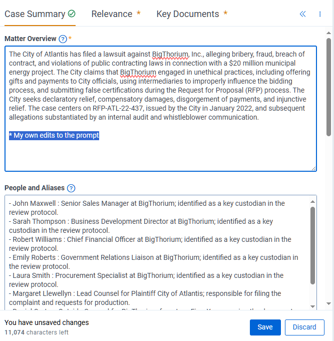 Draft dialog box to review and edit content, with Save and Discard buttons.