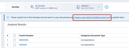 Create a new Apply & Publish project set link highlighted