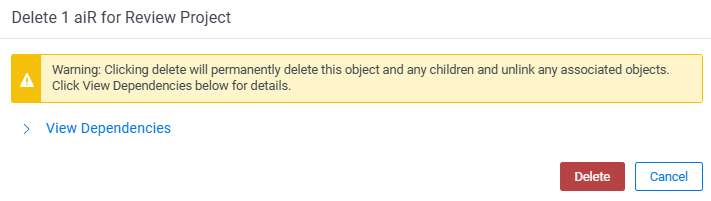 Delete warning message indicating this action will permanently delete this object and any children and will unlink associated objects. Click Delete to continue.