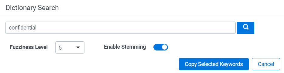 The Dictionary Search search bar and settings.