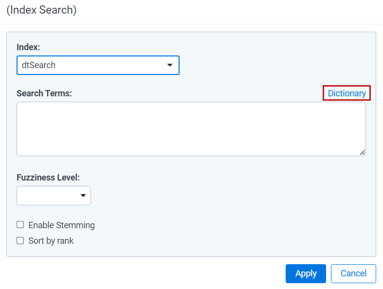 The (Index Search) modal with the Dictionary link highlighted.