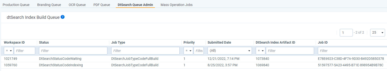 dtSearch Queue Admin Table