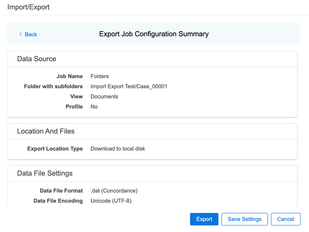 Export job configuration summary