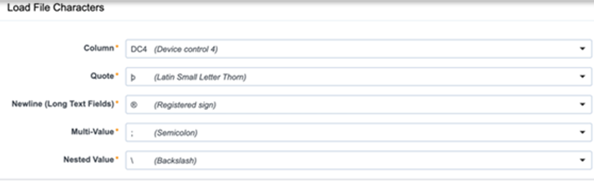 Load File characters fields on the Load File Settings