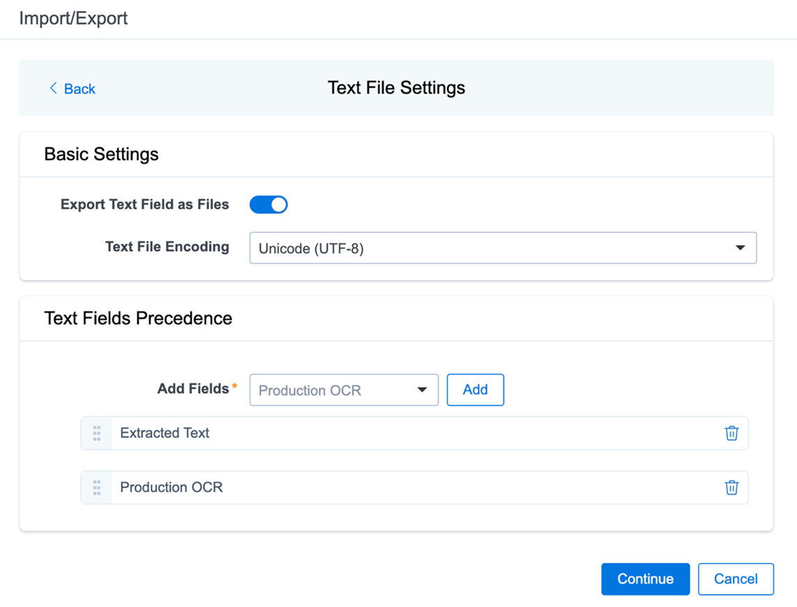 Text file settings dialog for Text fields precedence section