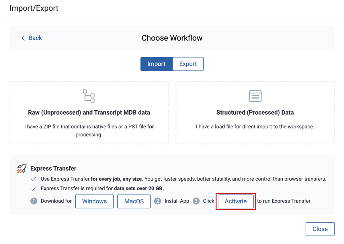 Choose Workflow dialog with Activate button highlighted