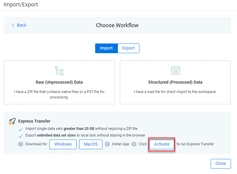 Choose workflow dialog with Activate button highlighted