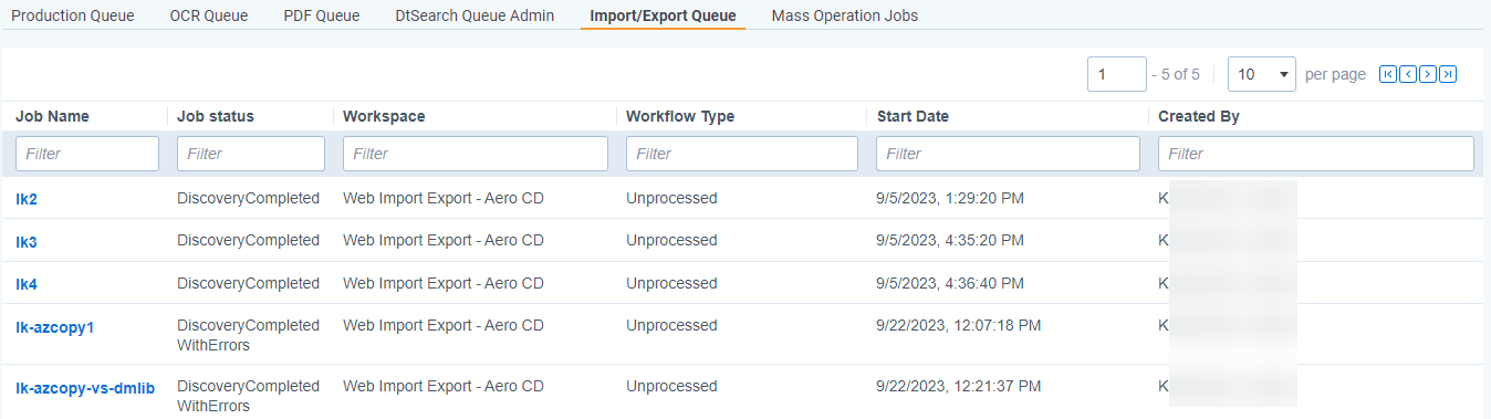 Import Export Queue list