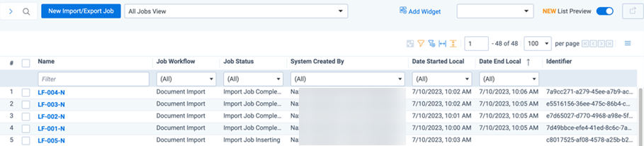 Import Export Job History dialog