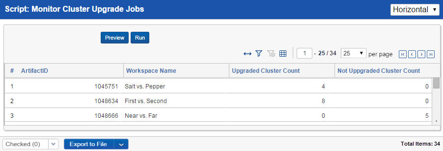 The monitor cluster upgrade jobs screen showing three workspaces and their cluster upgrade counts.