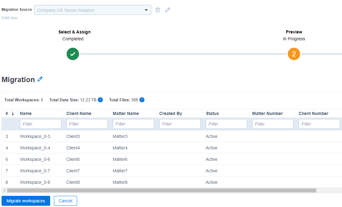 Migrate workspace button on Preview step dialog