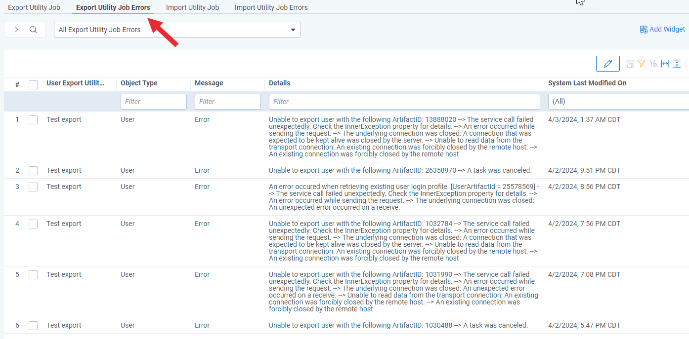Export Utility Job Errors