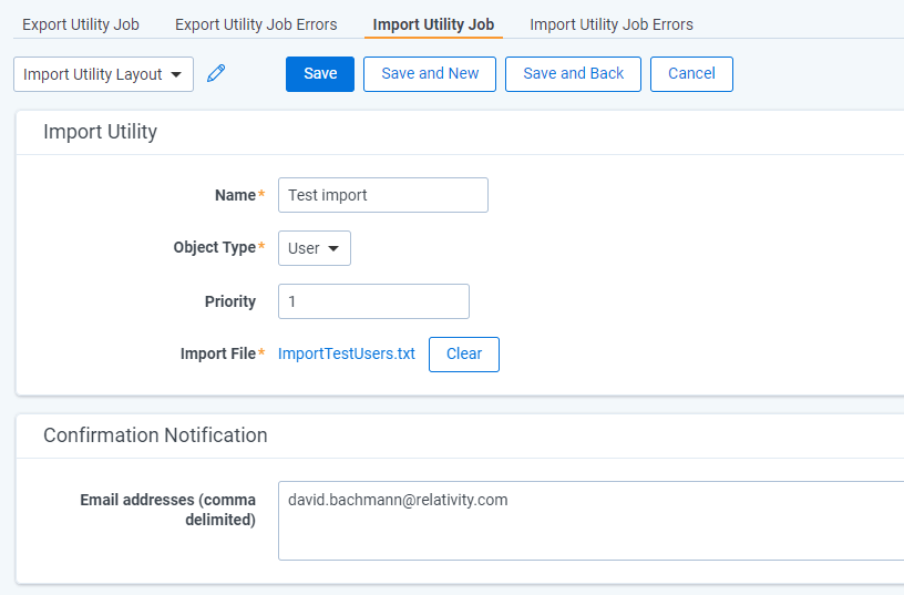 Import Utility Job tab