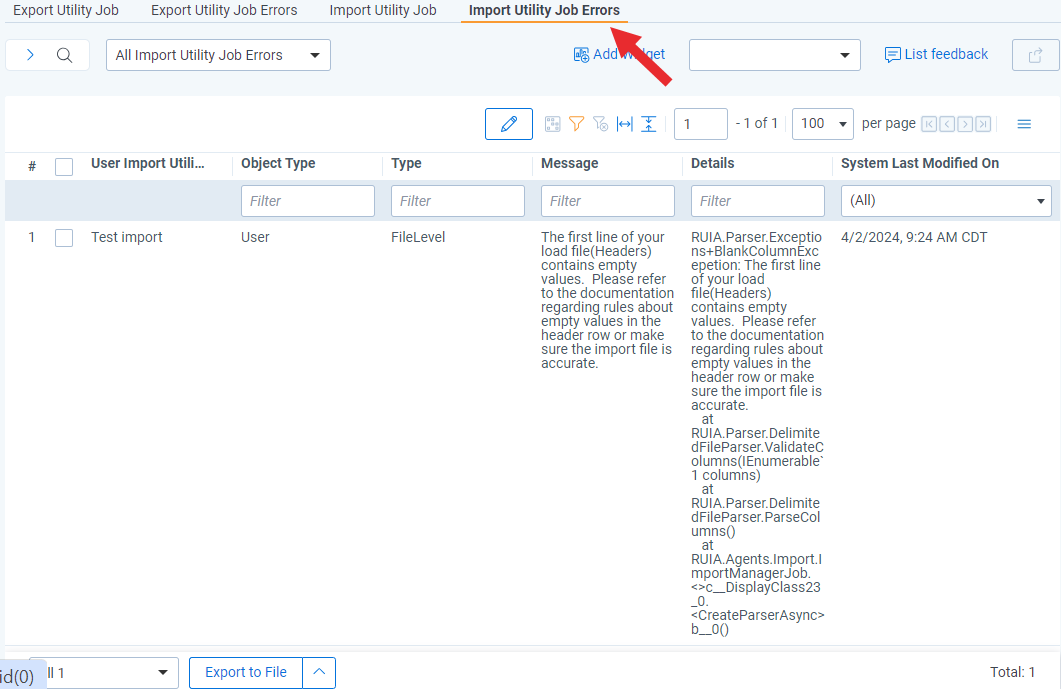 Import Utility Job Errors tab