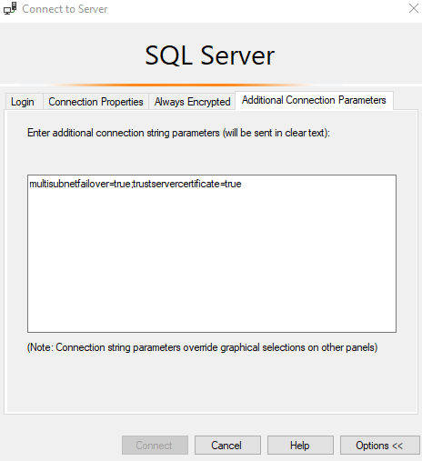 Connecting to the SQL Server additional parameter required.
