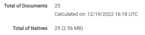 Sample of calculated results showing total of documents and total of natives