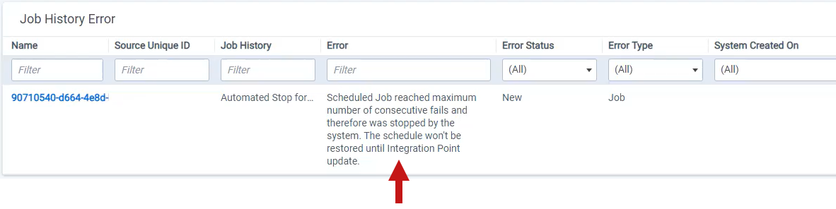Job History page showing error description explaining why the scheduled job was stopped