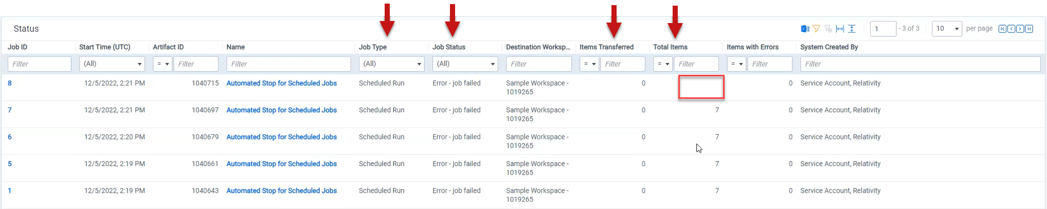 Scheduling tab showing job type, job status, items transferred, and total items columns highlighted by arrows