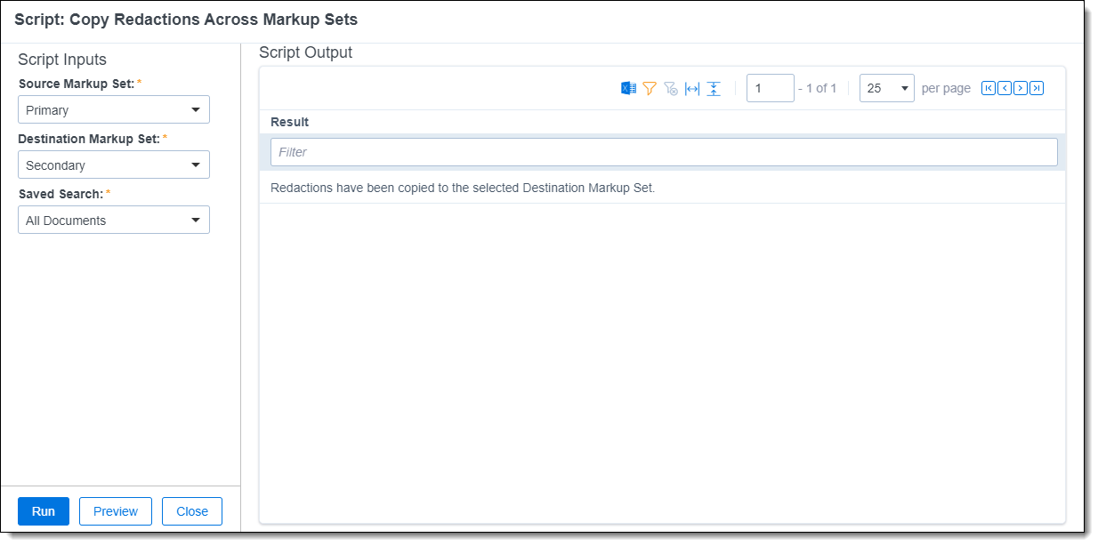 The Script: Copy Redactions Across Markup Sets modal after the scipt has been run.