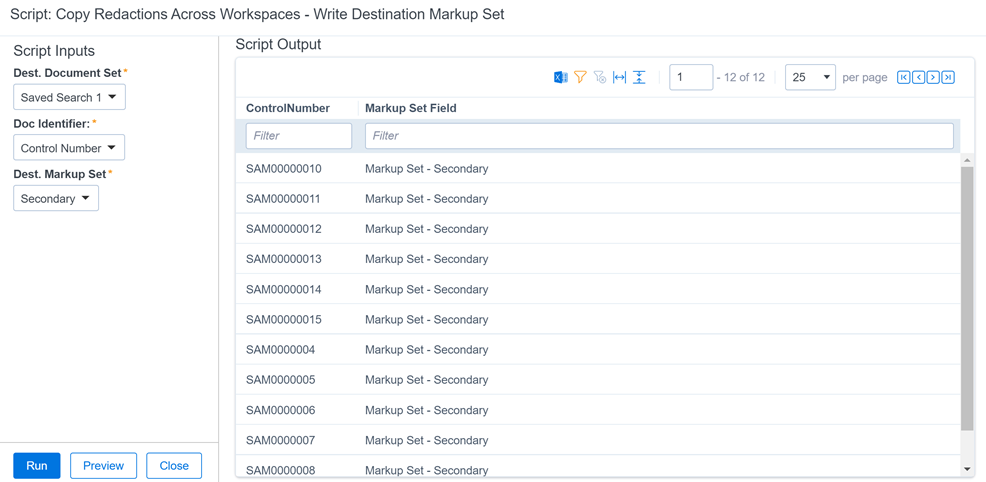 The Copy Redactions across Workspaces - Write Destination Markup Set results.