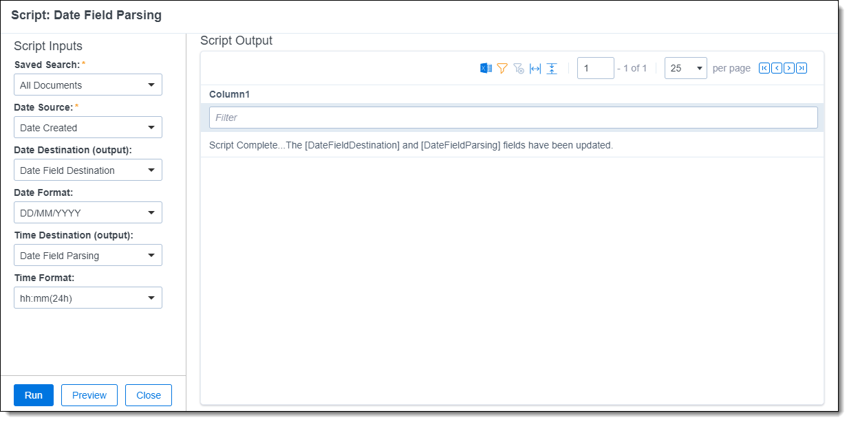 The Script: Date Field Parsing modal displays with the fields completed.