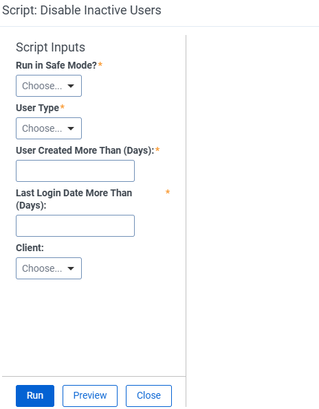 The user interface for the disable inactive users script.