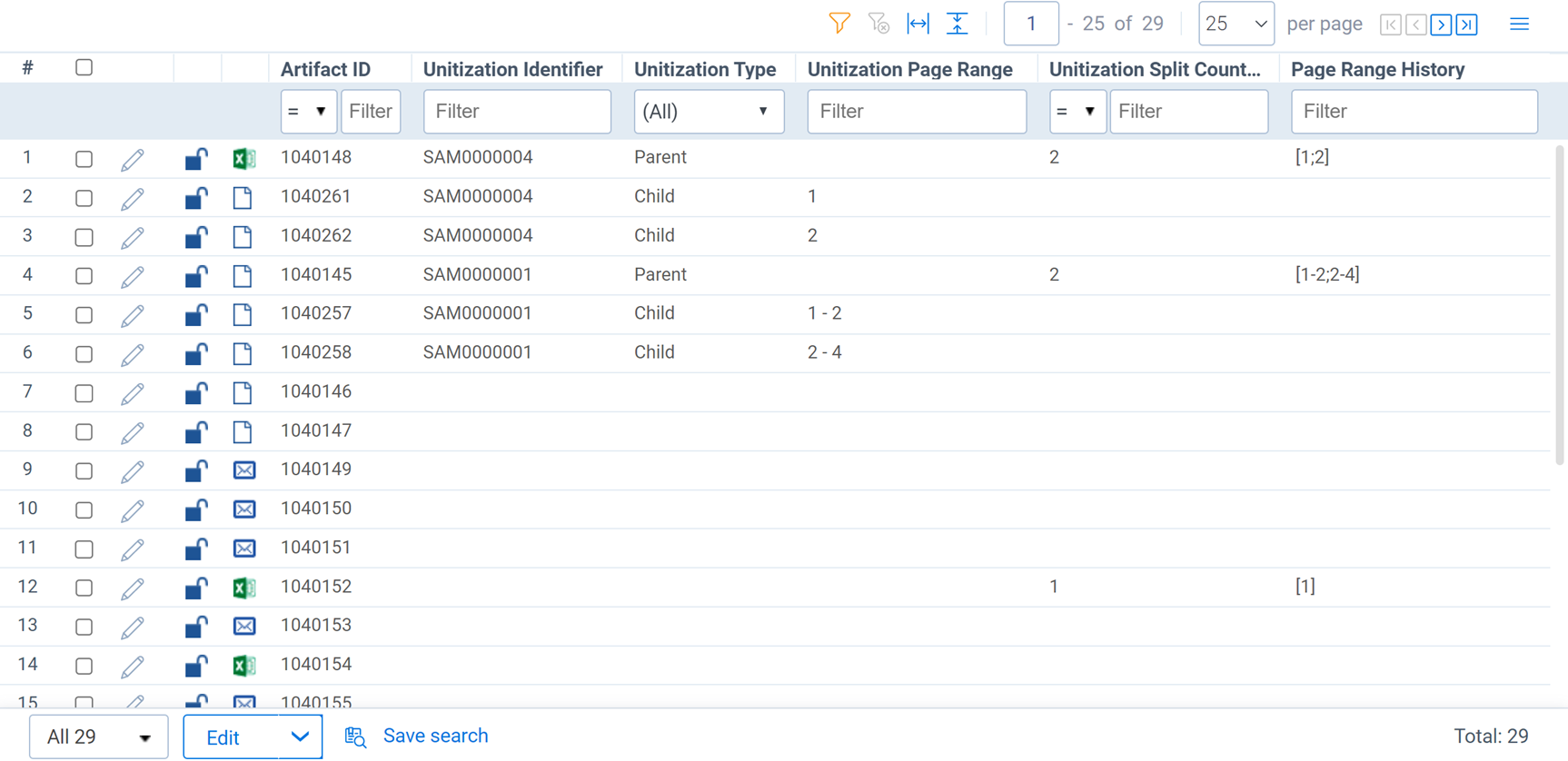 The document list displays with the Document Unitization view selected.