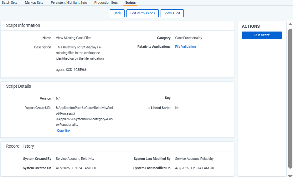 The scripts tab showing the view missing case files user interface.