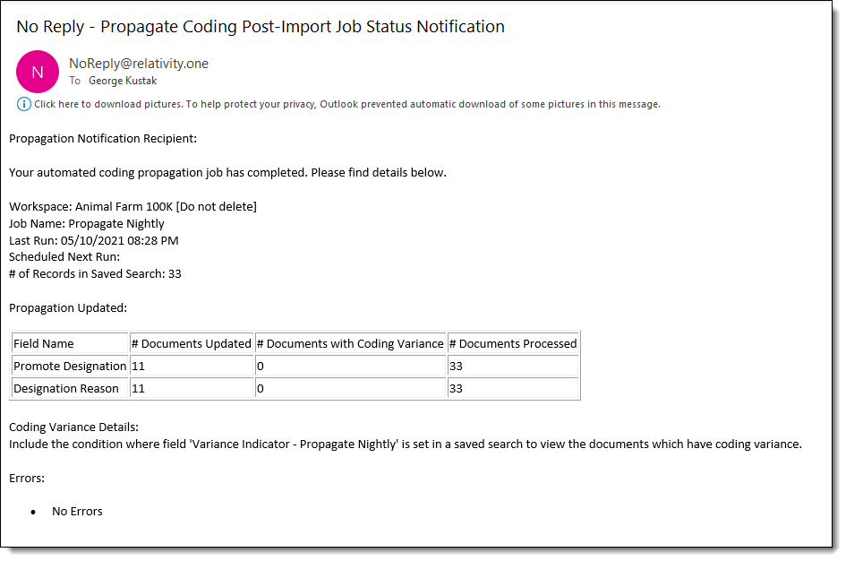 An example of an email notification