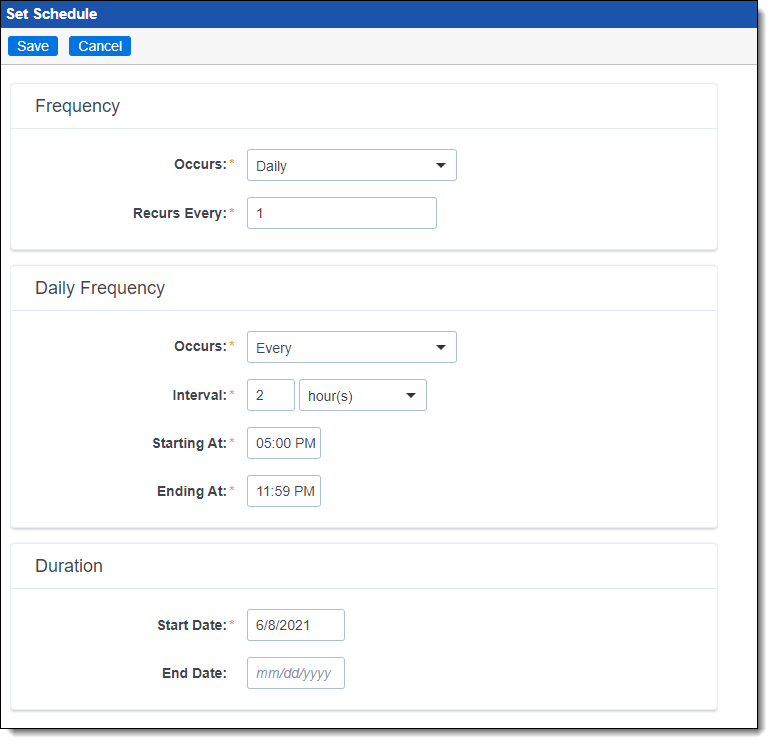 The Set Schedule modal with most of the fields completed.