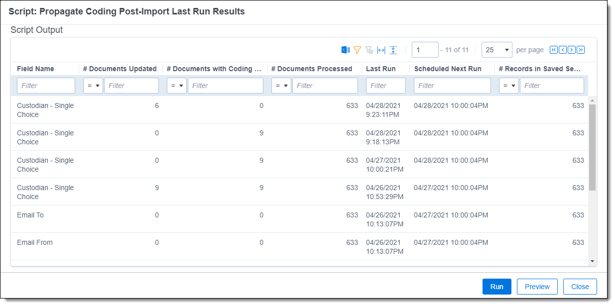 The Script: Propagate Coding Post-Import Last Run Results modal which is ready to be run.